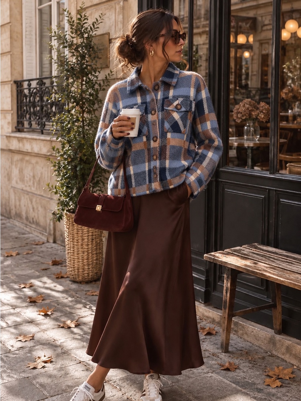 COCO Y CLUB Plaid Cozy Eyelash Flap Pocket Blue Brown Fall Layered Shirt Jacket